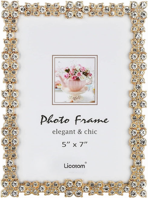 Licotom Luxury Metal Picture Frame with Brilliant Crystals, Gold Photo Frame 5 x 7 inch...