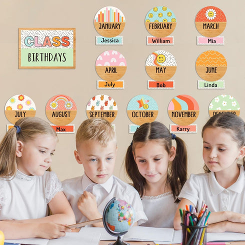 Back to School Birthday Bulletin Board Set Groovy Class Birthday Bulletin Board Stickers Retro Boho Hippie Month Header Decals for School Classroo...