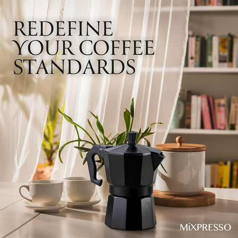 Mixpresso Black 3 Cup Moka Pot Cuban Coffee Maker, Moka Pot for Gas, Electric Stove Top, Classic Italian Coffee Maker, Stovetop Espresso Maker, Ca...