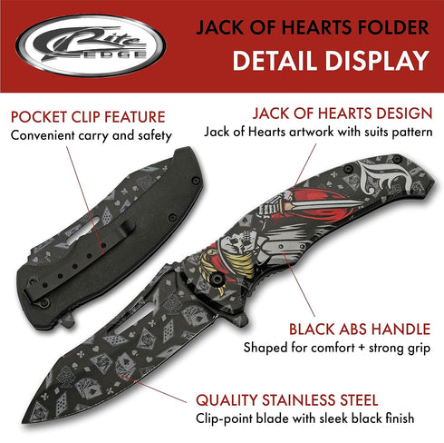 SZCO Supplies 8.5” Jack Of Hearts Skull Liner Lock EDC Folding Knife With Pocket Clip...