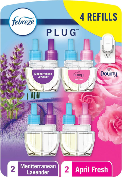 Febreze Odor-Fighting Fade Defy PLUG Air Freshener,Downy April Fresh, Mediterranean Lavender, 87 fl. oz. Oil Refills, 4 Refills (2 of Each)...