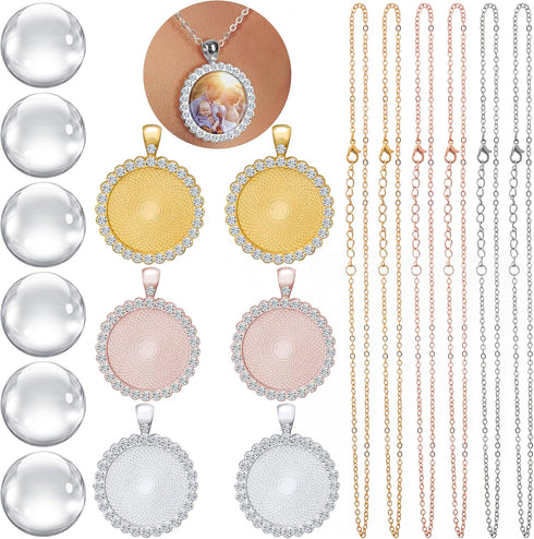 OIIKI 18pcs Rhinestone Round Shape Bezel Pendant Trays with Glass Cabochons and Lobster Clasps Chains Set, 3 Colors Necklace Kit for DIY Crafts Je...