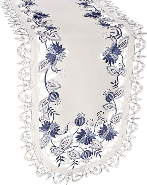 Embroidered Delft Blue Onion Flower Table Runner, Dresser Scarf, Doily (15Wx34L)...