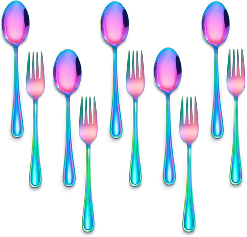 E-far 10-Piece Rainbow Toddler Utensils, Kid Stainless Steel Silverware Set, Children Safe Forks and Spoons Set for Self Feeding, Healthy & Non-To...