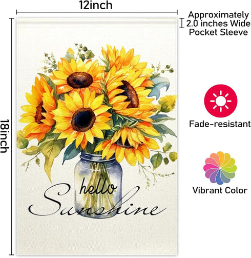 ChloropLastid Hello Sunshine Garden Flag Mason Jar Sunflowers Double Sided for Outside Small Garden Flag 12x18 Inch Welcome Burlap Seasonal Yard O...
