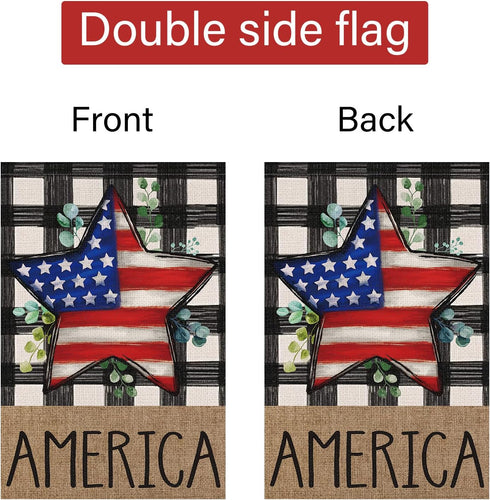 Louise Maelys 4th of July Garden Flag 12x18 Double Sided, Small Burlap Welcome Patriotic Strip Stars Garden Yard House Flags Buffalo Check Plaid f...