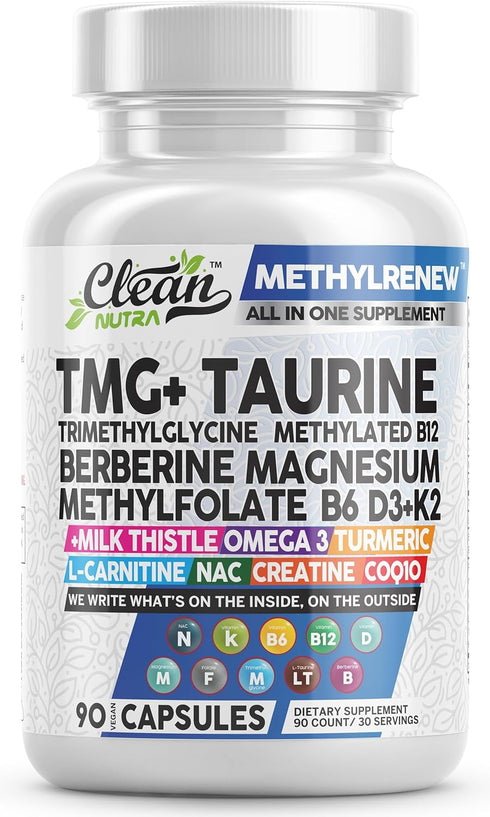Clean Nutra TMG Taurine Supplement - Methylated Multivitamin with B6 Vitamins, B12, D3 K2, Berberine, Magnesium Methylfolate Milk Thistle Omega 3 ...
