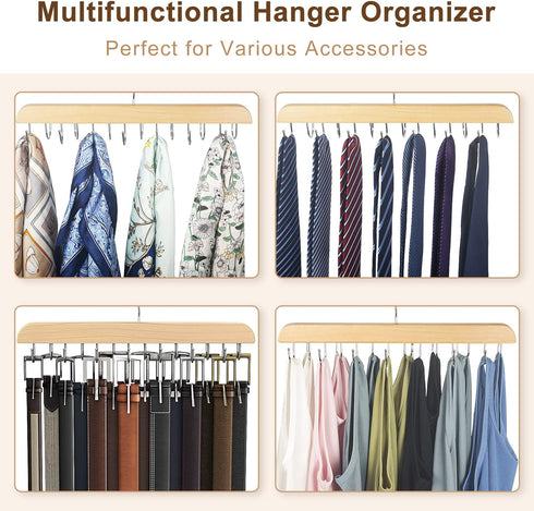 Belt Hanger for Closet, Sturdy Wood Belt Rack Closet Accessories with 14 Hooks Belt Organizer for Closet Organizers and Storage Max 42 Belts...