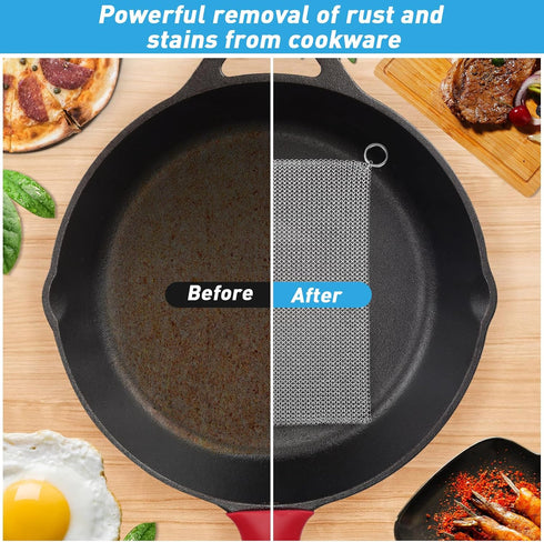 Cast Iron Scrubber, 4''x4'' 316L Stainless Steel Fine Mesh Scraper, Upgraded 3.8mm Chainmail Scrubber, for Pre-Seasoned Pot Dutch Oven Waffle Make...
