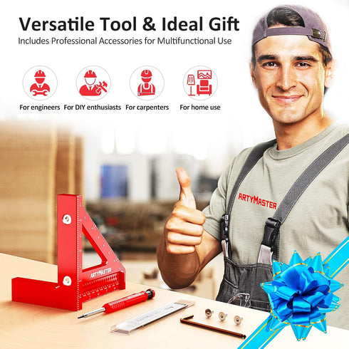 3.8?Mini 3D Multi-Angle Measuring Square Ruler, WT102A High Precision Hole Scribing Woodworking Tools, 0-90° Aluminum Alloy Carpenter Square Wood ...