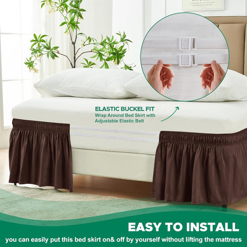 Biscaynebay Wrap Around Bed Skirts for Queen Beds 15" Drop, Brown Adjustable Elastic Dust Ruffles Easy Fit Wrinkle & Fade Resistant Silky Luxuriou...