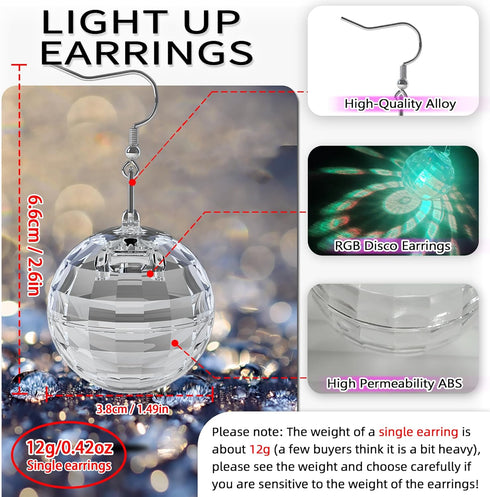 Disco Ball Earrings 16 Light Modes Rechargeable Light up Earrings LED Earrings Ball for Women Disco Party Dance Accessories...