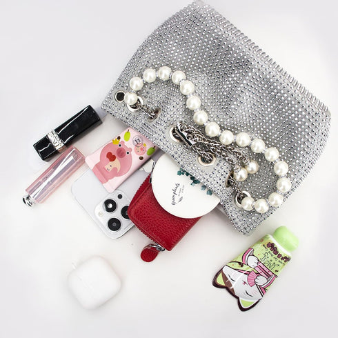 Evening Bucket Handbag for Women Sparkly Rhinestone Pearl Clutch Silver Purse for Party Club Wedding Cocktail Prom...