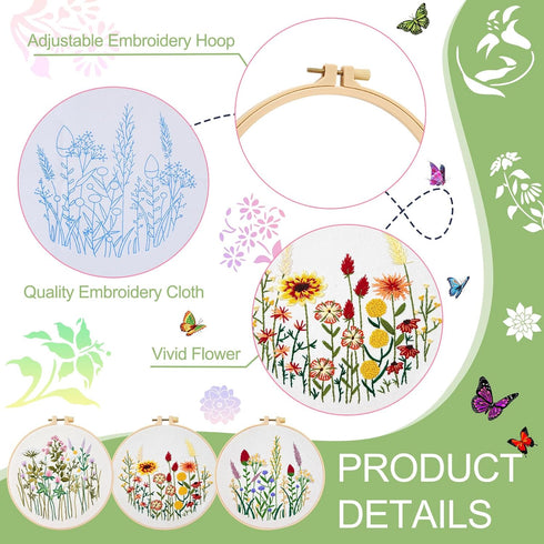 Magibeads 3 Sets Flower Leaf Water Soluble Embroidery Starter Kit Cross Stitch Patterns Crochet Kit with Embroidery Thread Fabric Instruction Knit...