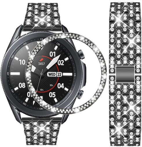 Bands Compatible with Samsung Galaxy Watch 3 (45mm), 22mm Full Rhinestone Diamond Stainless Metal Strap with Bezel Ring Cover Replacement for Wome...
