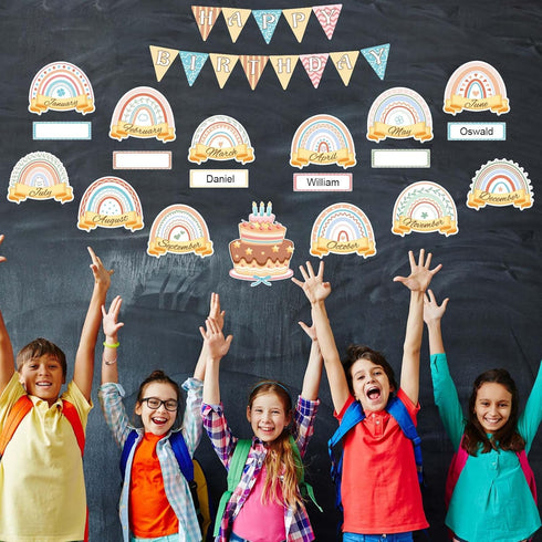 Boho Classroom Decor, Happy Birthday Bulletin Board Calendar Decorations Rainbow Classroom Wall Decor Supplies Include Labels Classroom Chart Cuto...