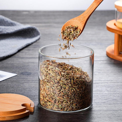 300ML/10Oz Clear Glass Jar with Bamboo Lid and Wooden Spoon, Cute Sugar Bowl Bath Salt Storage Canister Seasoning Container Condiment Pot with Sco...