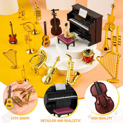 Dollhouse Musical Instruments, Miniature Violin Guitar Piano Drum Trumpet Mini Figurine Ornament for Mini House Musical Room Furnishin...