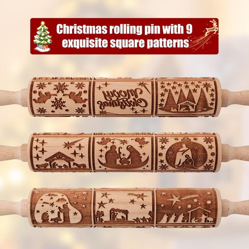 17" Premium Wood Rolling Pin with Nativity Embossed Designs | 3mm Deep Springerle Cookie Molds | Christmas Rolling Pin & Baking Gifts for Women | ...