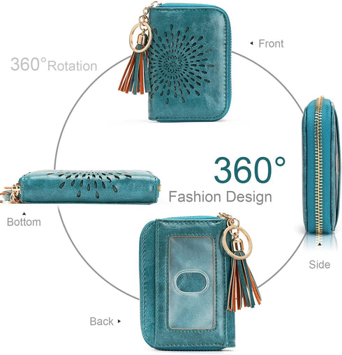 APHISON RFID Credit Card Holder Zipper Card Case Keychain Small Wallet for Women 1927 PEACOCK-BLUE...