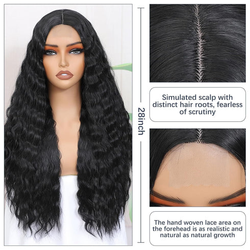xccoco Curly Wig Long Black Wigs for Black Women Long Deep Wave Synthetic Lace Front Wig with 4" Simulated Scalp Natural Crimps Curl Middle Part H...