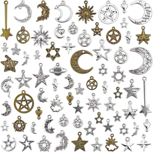 JIALEEY Celestial Mixed Sun Moon Star Charms, Wholesale Bulk Lots Antique Alloy Charms Pendants DIY for Necklace Bracelet Jewelry Making and Craft...