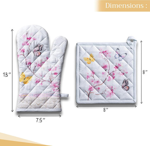 Maison d' Hermine 100% Cotton Oven Mitt & Pot Holder Set (7.5"x13" & 8"x8") Heat Resistant BBQ Cooking Gloves with Loop, Baking, Grilling, Kitchen...