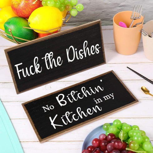 Jetec 2 Pieces Funny Kitchen Signs the Dishes Hanging Wall Art Decoration No Bitchin in My Kitchen Rustic Wooden Wall Signs Decorative Wood Home D...