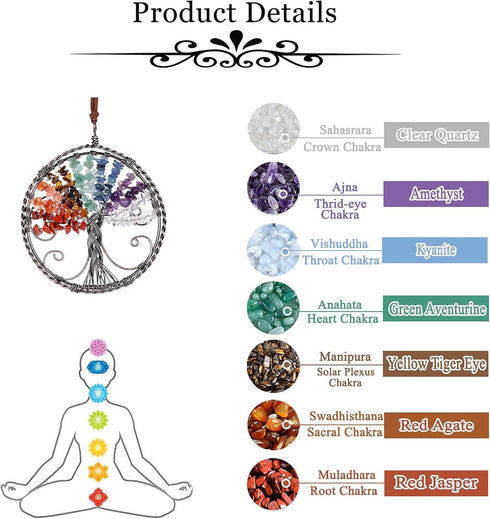 GEHECRST Natural 7 Chakra Healing Crystals Life Tree Hanging Ornament Reiki Gemstone Chips Copper Wires Wrapped Handmade Hanging Decor for Wall, W...
