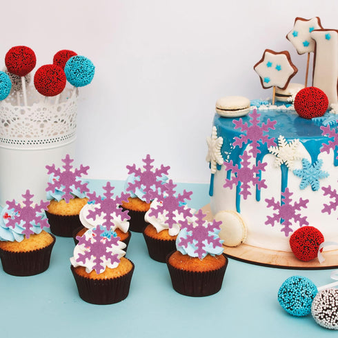 Gyufise 50Pcs Purple Edible Cupcake Toppers Snowflakes Cake Toppers Snowflakes Cake Decoration Winter Frozen Birthday Party Supplies...