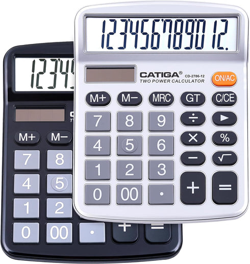 Desktop Calculator (2 Pack) 12 Digit with Large LCD Display and Sensitive Button, Solar and Battery Dual Power, Standard Function for Office, Home...