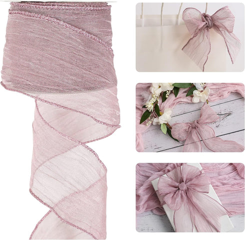 HUIHUANG Dusty Rose Wired Ribbon Crinkle Wire Ribbon 2.5 inch Wide Metallic Wired Wedding Ribbon for Gift Wrapping Basket Wreaths Bows Making Home...