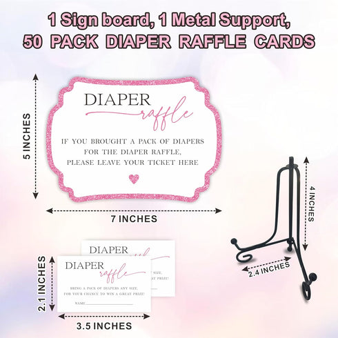 Pink Diaper Party Game Set, 50 Pcs Diaper Raffle Tickets, 1 Wooden Sign & 1 Iron Stand, Gender Neutral Baby Shower Game Kit for Boys & Girl, Newbo...