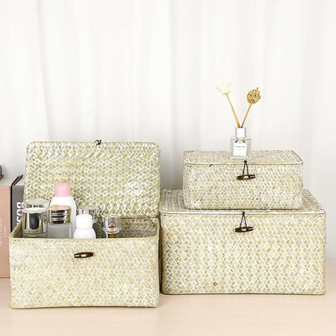 Hipiwe Wicker Shelf Baskets Bin with Lid Natural Seagrass Basket Storage Boxes Small Woven Basket Multipurpose Home Organizer Bins Box for Shelf C...