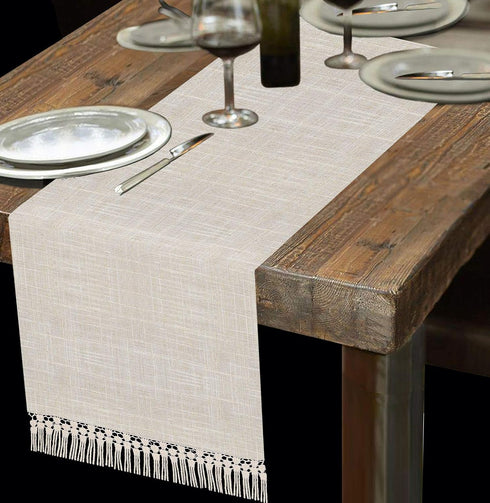 Grelucgo Solid Natural Color Lined Fringe Table Runner or Dresser Scarf (Natural, 14 x 48 inches)...