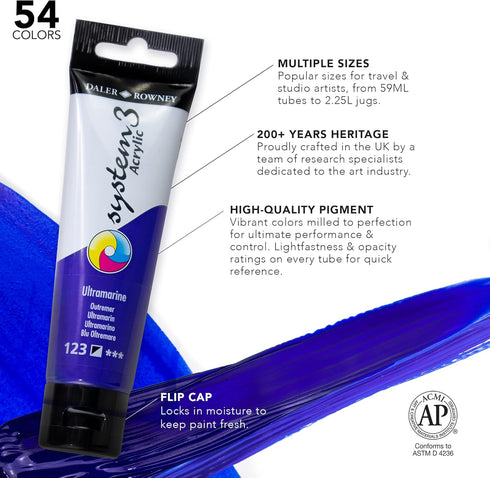 Daler Rowney System3 Coeruleum Blue Hue 59ml Acrylic Paint Tube - Acrylic Painting Supplies for Artists and Students - Artist Paint for Murals Can...