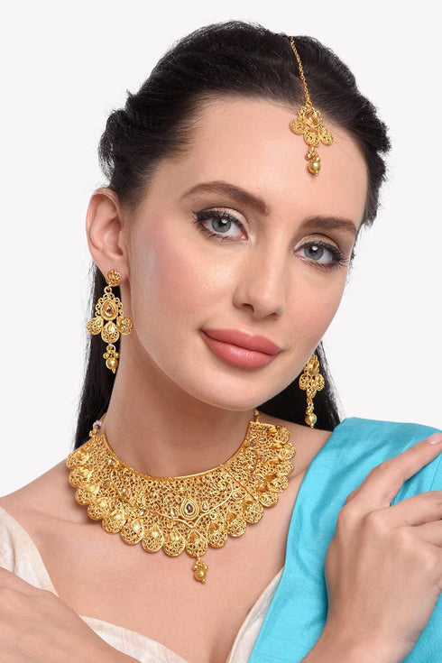 Efulgenz Indian Bollywood Traditional Crystal Kundan Choker Necklace Earrings Maang Tikka Wedding Bridal Jewelry Set For Women...