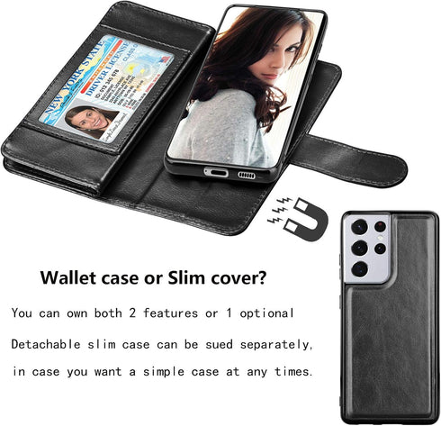 Njjex Wallet Case for Galaxy S21 5G - 9 Card Slots, PU Leather, Detachable Kickstand, Magnetic Cover & Lanyard - Black...