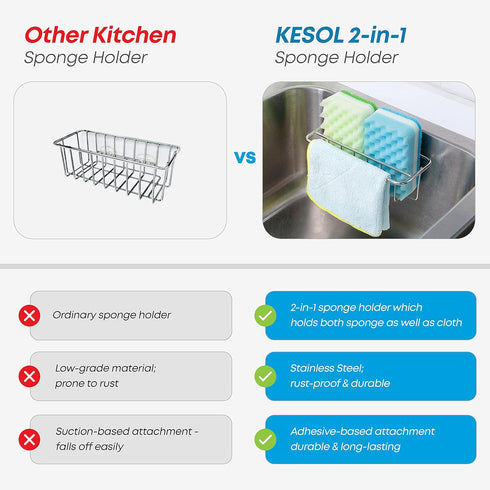 KESOL Adhesive Kitchen Sink Sponge Holder + Dish Cloth Hanger + Soap Holder, 2-in-1 Kitchen Sink Caddy, 304 Stainless Steel Rust Proof, Water Proo...