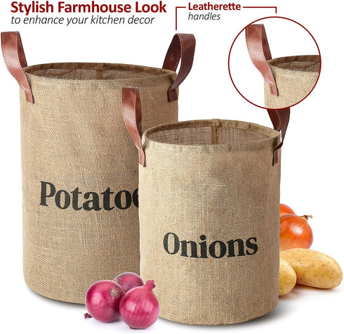 Laxinis World Lined Burlap Pantry Storage Baskets For Potatoes And Onions With Handles, Set Of 2, Decorative Rustic Farmhouse Home Décor Design, K...