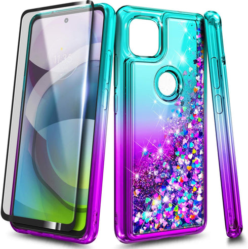 NZND Case for Motorola One 5G Ace (One 5G UW Ace) with Tempered Glass Screen Protector (Maximum Coverage), Sparkle Glitter Flowing Liquid Women Gi...