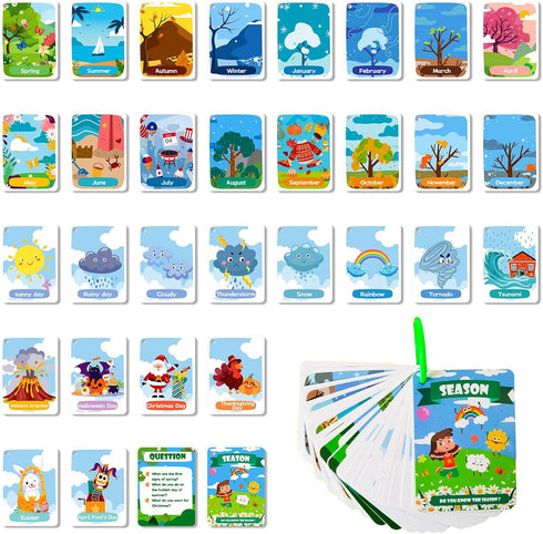 34 Season Flashcards for Kids,Waterproof Month Education Flash Cards, Children's Weather Educational Card, Double-Sided Festivals Toy Cards for To...