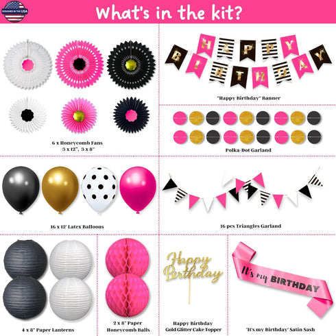 Hot Pink and Black Birthday Decorations for Women, Hot Pink and Black Party Decorations - Happy Birthday Banner Garland, Paper Decor, Balloons, Ca...