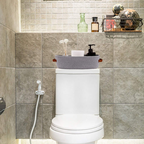Cotton Rope Small Woven Toilet Paper Room Storage Basket with Handles for Bathroom, 13"x5.9"x4" Gary...
