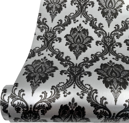 Yifely Retro Black Damask Furniture Paper Self-Adhesive Shelf Liner Light Grey Table Dresser Decor Sticker 17.7 Inch by 9.8 Feet...