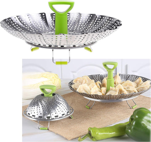 Kare & Kind 1x Adjustable Steamer Basket - Extendable Stainless Steel Steamer with Center Handle - 5.1" to 9" - Foldable Feet - Can Fit Different ...
