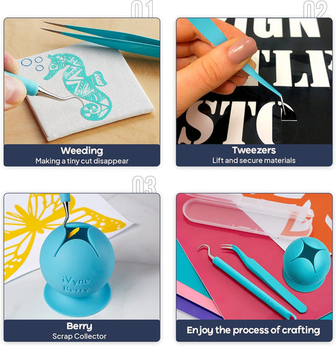 iVyne Berry and Silicone Weeding Tools - Suction Vinyl Weeder, Craft Tweezer, Scrap Collector Holder, Storage for Cricut, Silhouette Accessories -...