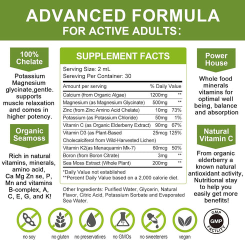 Calcium Magnesium Zinc with Magnesium Glycinate 500mg Plus Vitamin C D3 K2 | 2 Month Supply | Calcium Supplement Calcium with Vitamin D3 K2 Liquid...