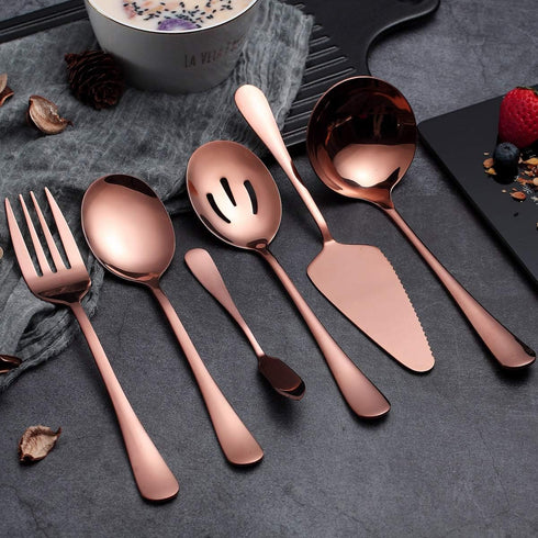 6-Piece Copper Serving Flatware Silverware Set,Stainless Steel Serving Utensil Set,Include Cake Server, Slotted Serving Spoon, Serving Spoon, Cold...