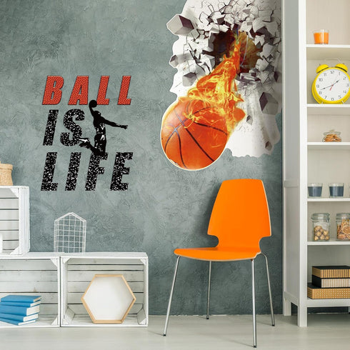 Basketball Wall Decor 18 x 38 Inch 3D Self Adhesive Removable Basketball Wall Decal Stickers for Boys Bedroom Ball is Life Vinyl Dunk Silhouette S...